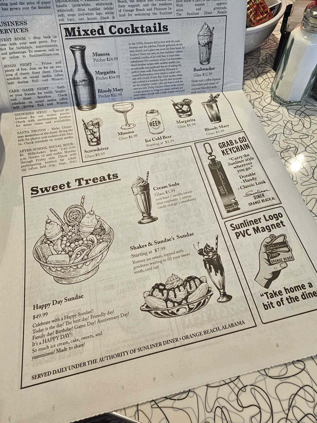Cocktai and sweet treat menu at Sunliner Diner Orange Beach