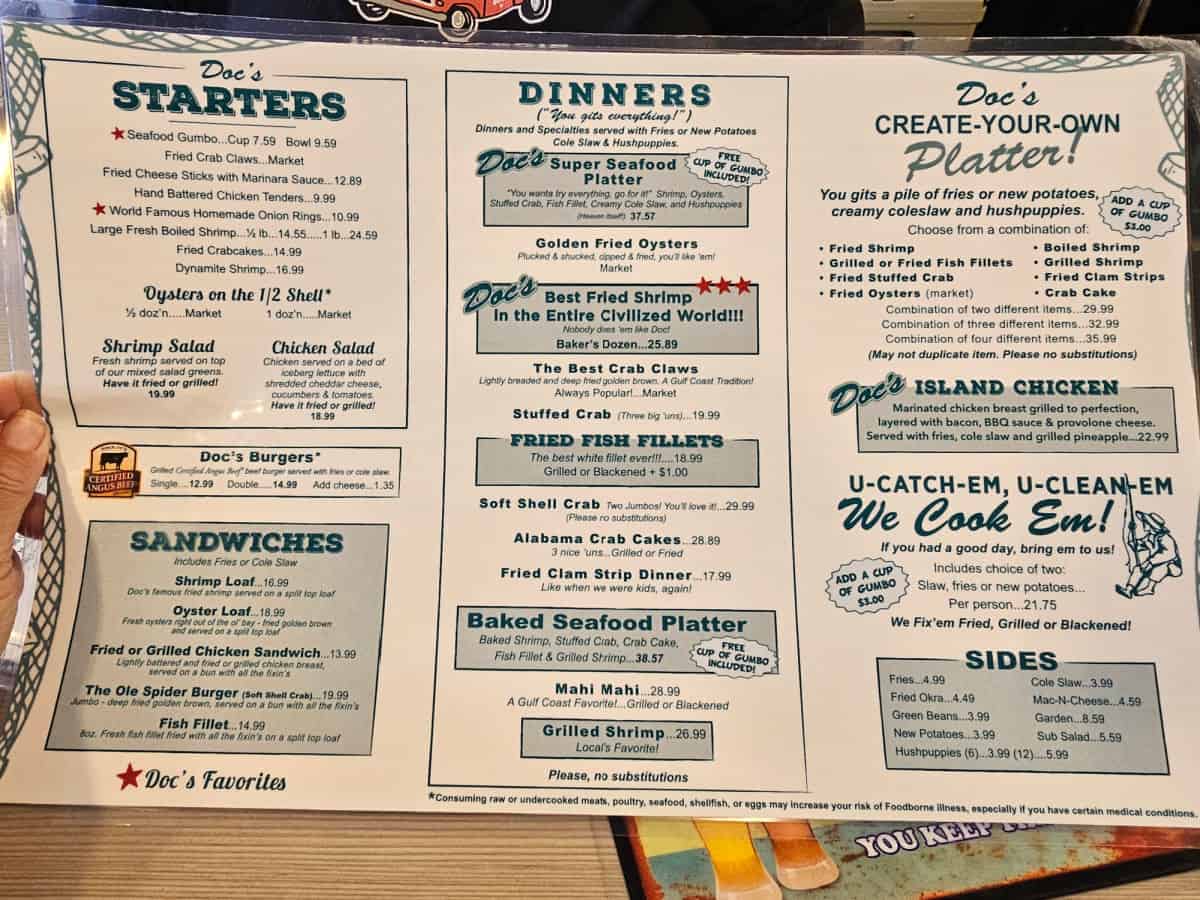 Doc's Seafood Shack menu with starters, sandwiches, burgers dinners, create your own platters, and u catch em u clean em we cook em plus sides