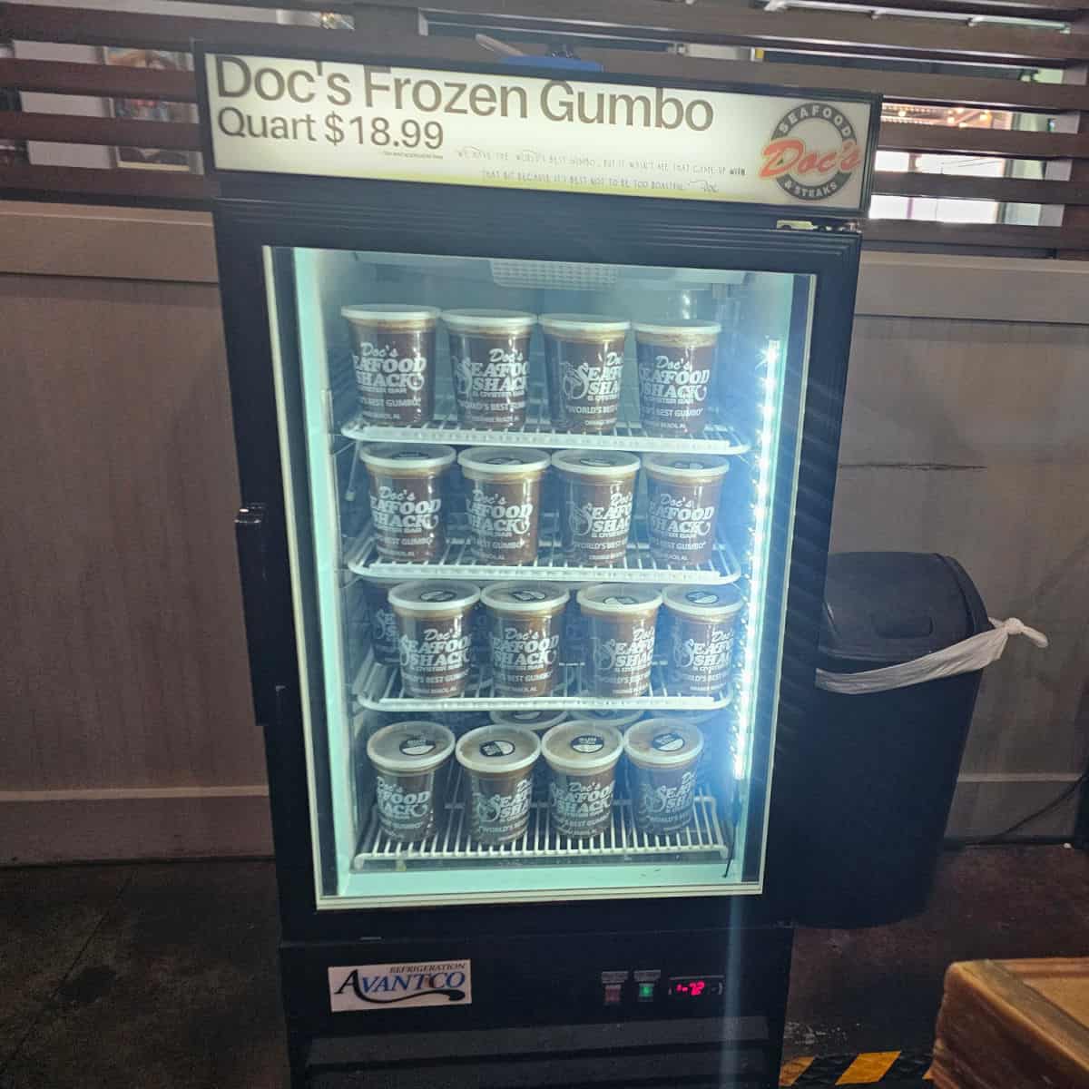 Doc's frozen gumbo in a refrigerator case