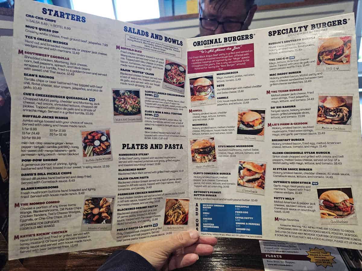 Mugshots Menu with starters, salads and bowls, original burger, and specialty burgers