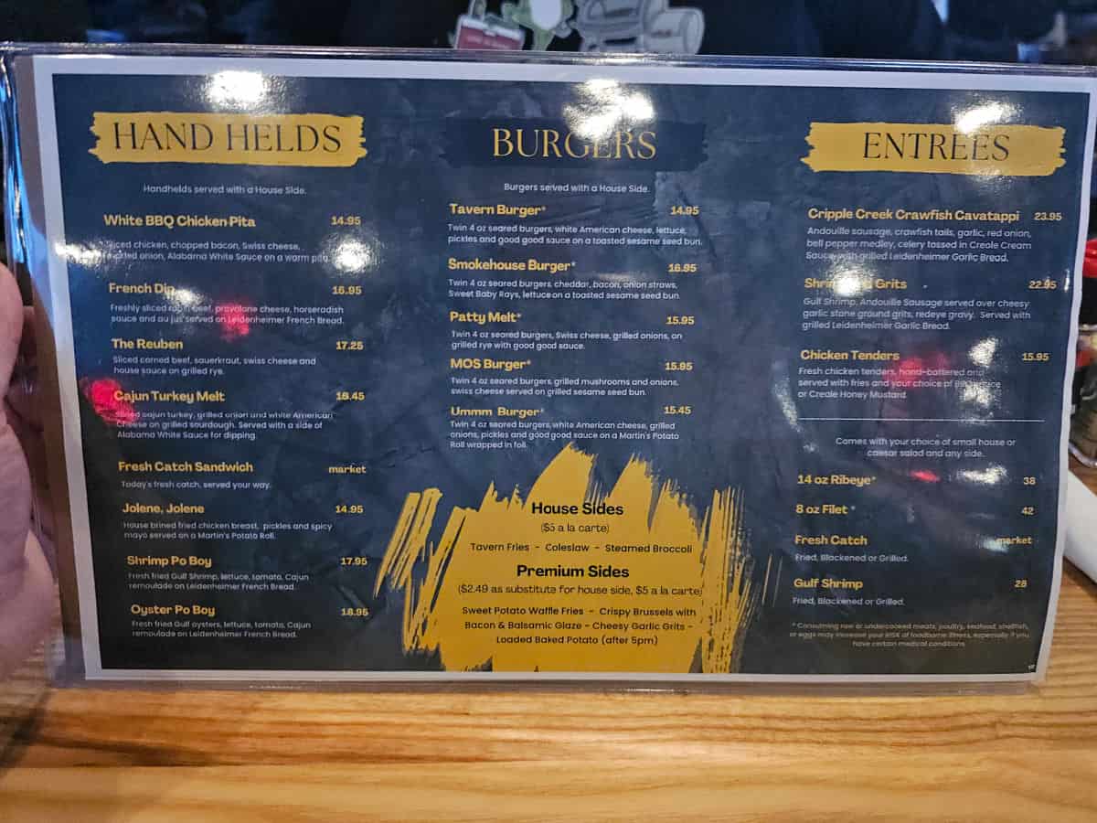 Old Salt Tavern Menu with hand helds, burgers, and entrees