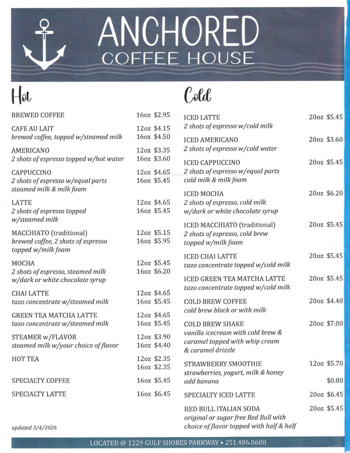 Anchored Coffee House menu with hot and cold drinks