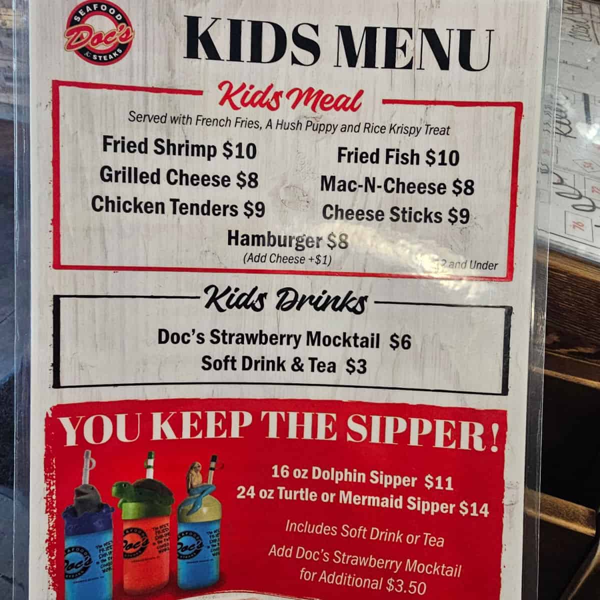 Doc's Seafood & Steak kids menu