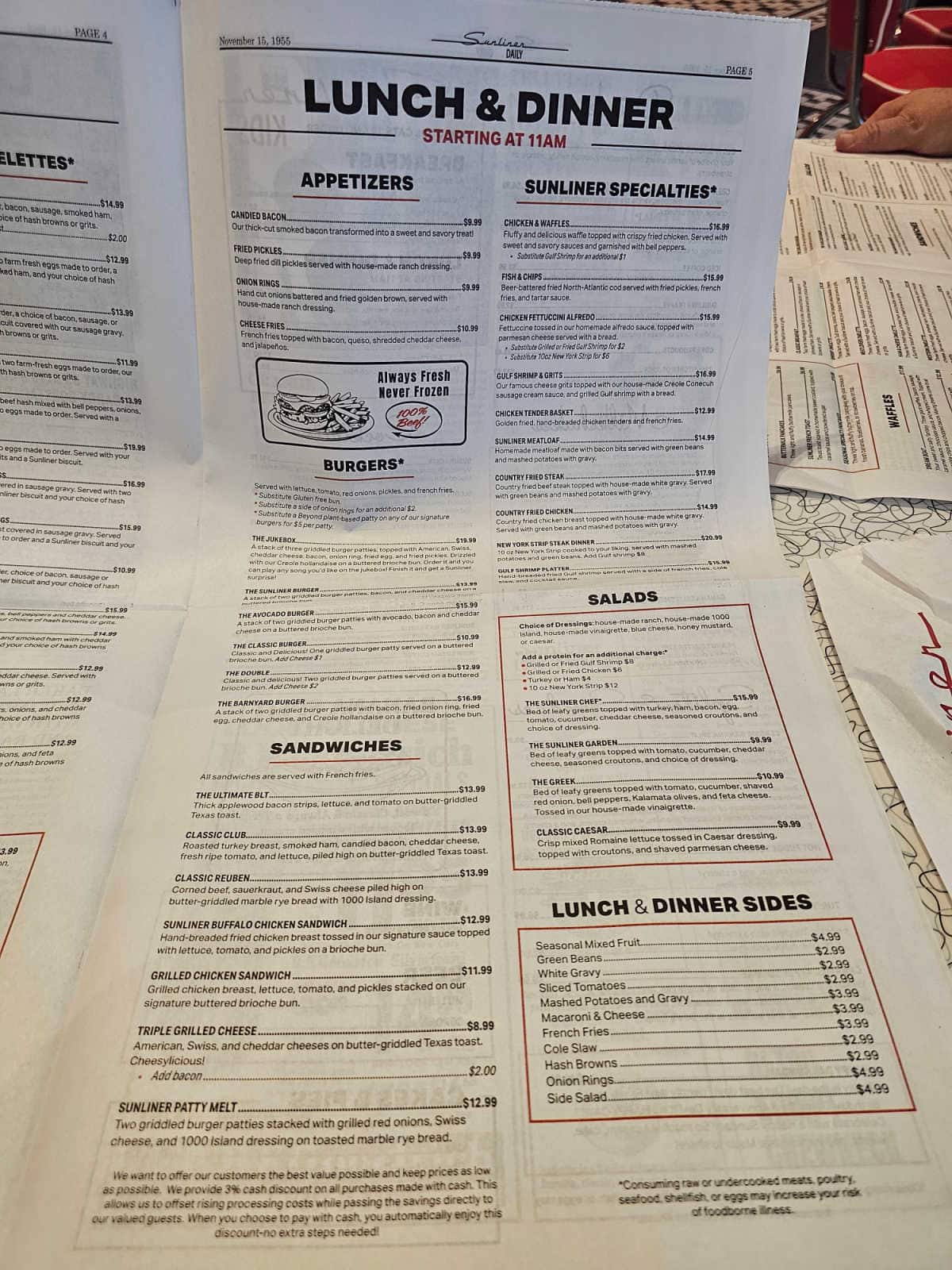 Lunch and Dinner Menu at Sunliner Diner with appetizers, sunliner specialties, sandwiches, sandwiches, and sides