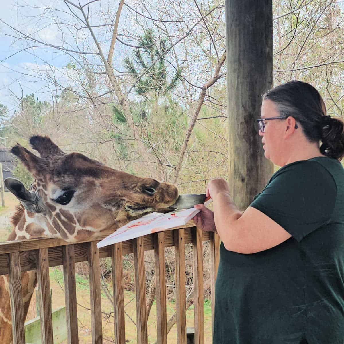 Tammilee is holding a canvas with a giraffe licking the canvas