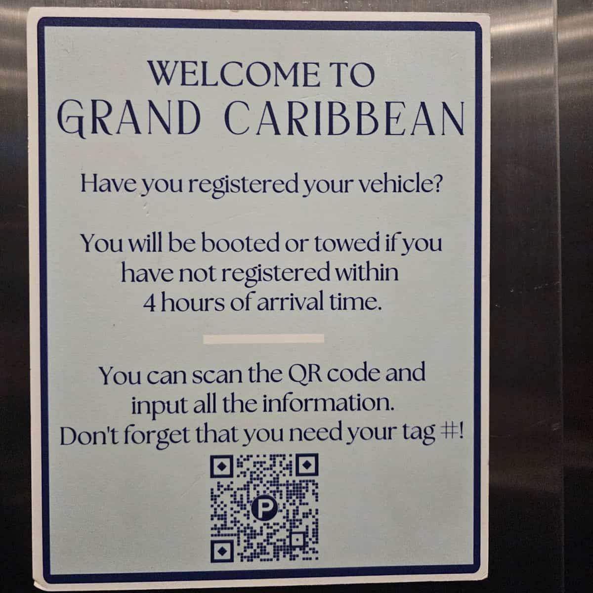 Welcome to Grand Caribbean register your car sign