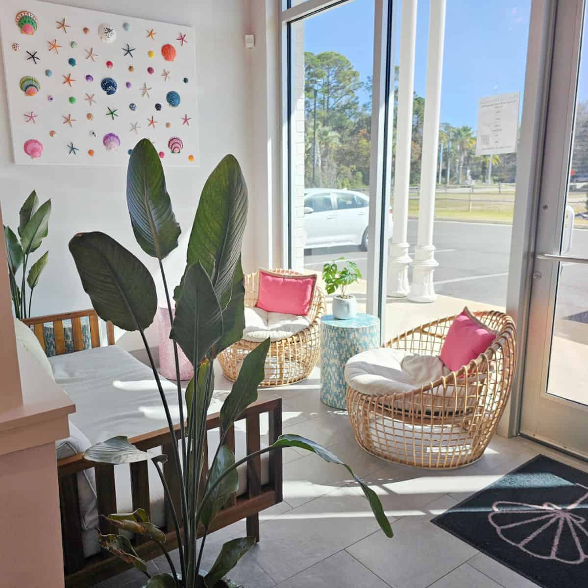 Bright sunny seating area near a window with shell art on the wall, two chairs, adn a catch by plants at gulf Babe Wine Boutique