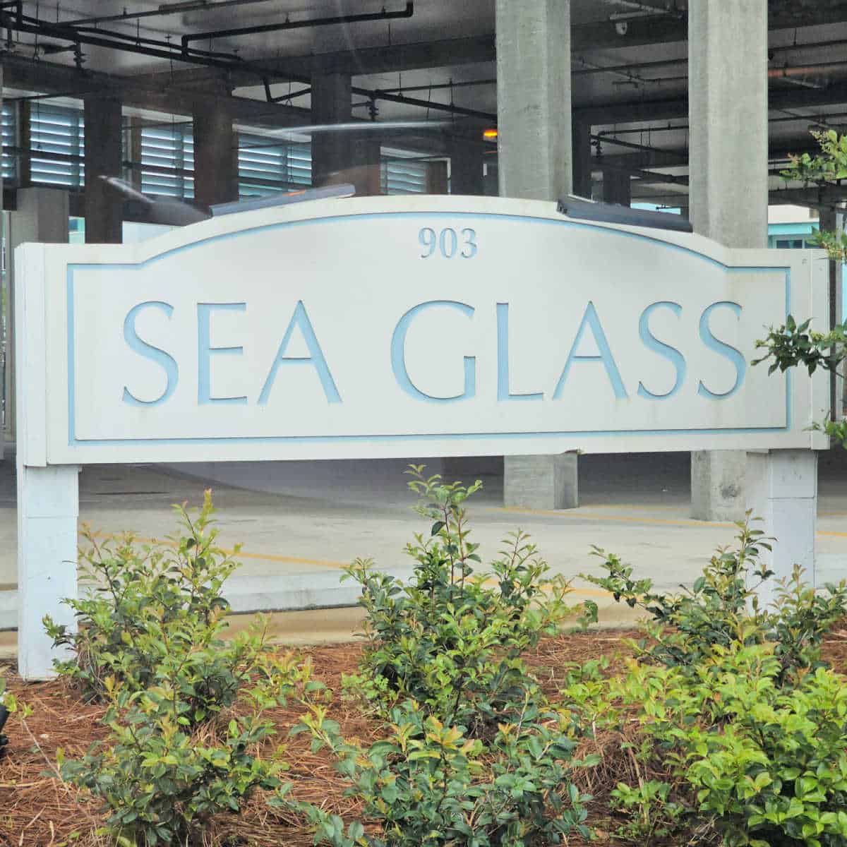 Sea Glass Sign with plants around it