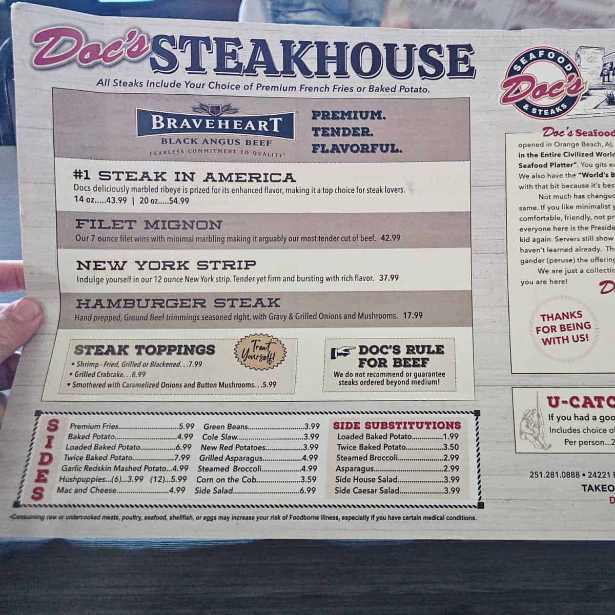Doc's Steakhouse menu with Braveheart black angus steak filet mignon, new york strip, and steak toppings