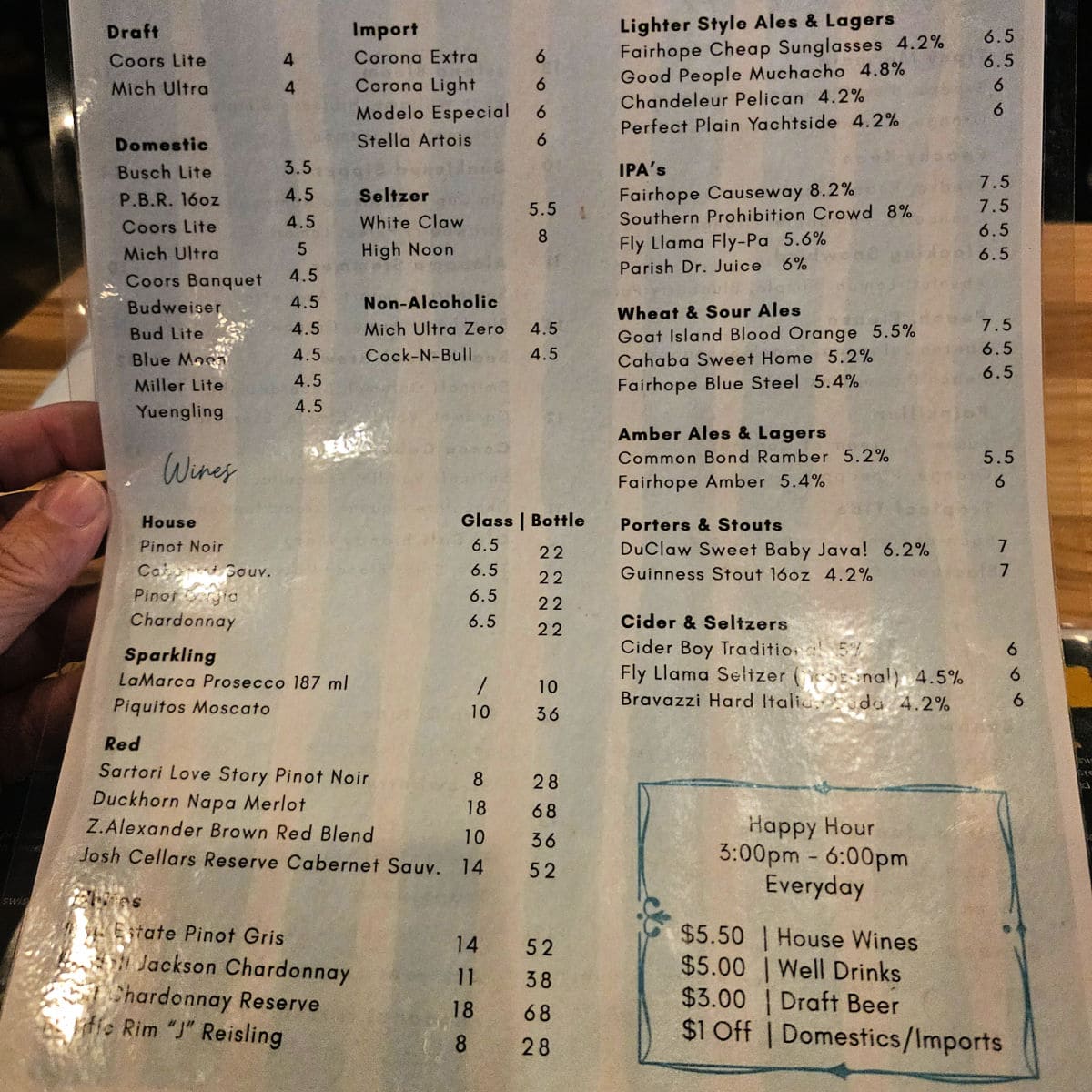 wine and beer menu at Old Salt Tavern