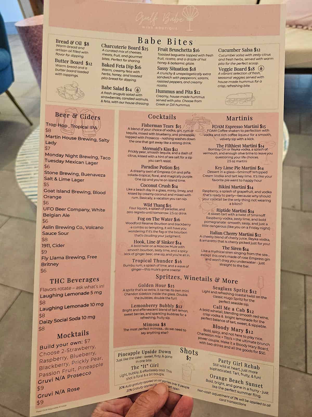 Gulf Babe Wine Boutique menu with babe bites, beers and ciders, mocktails, cocktails and martinis