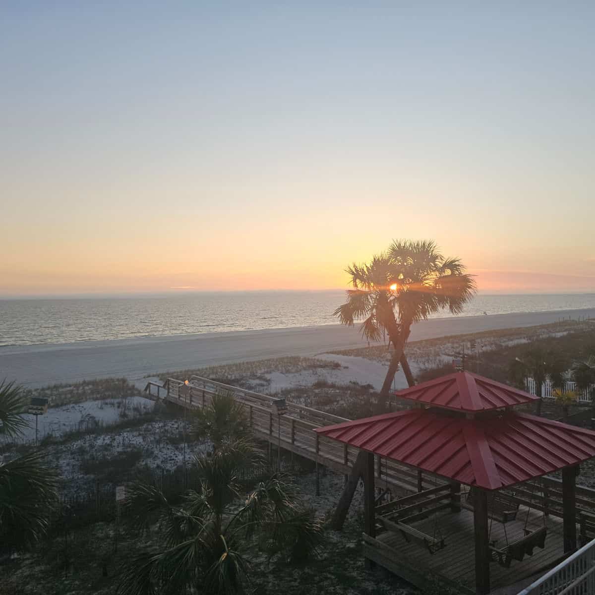 sunset between two palm trees next to a red roofed gazebo with wooden swings