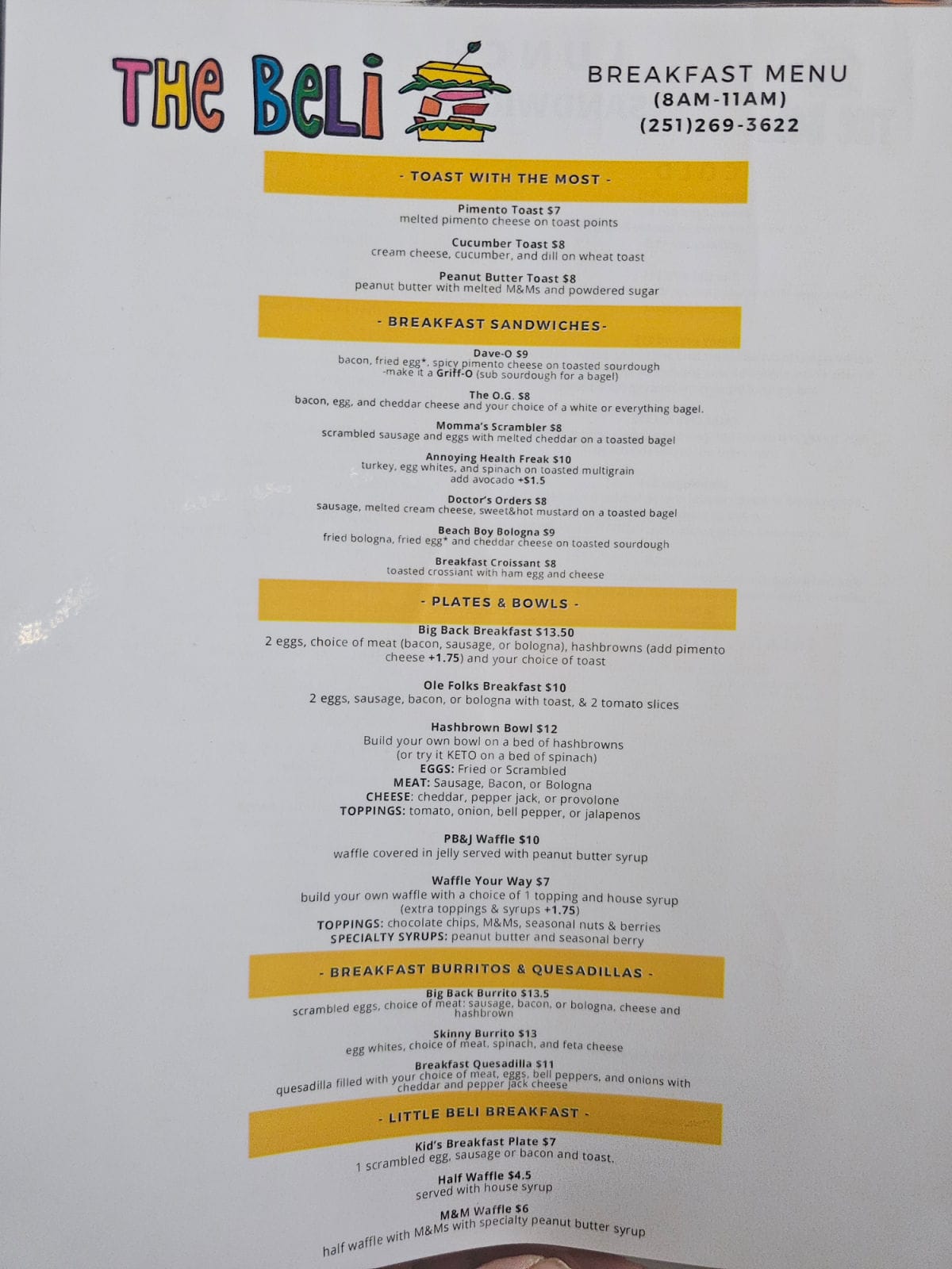 The Beli Deli breakfast menu