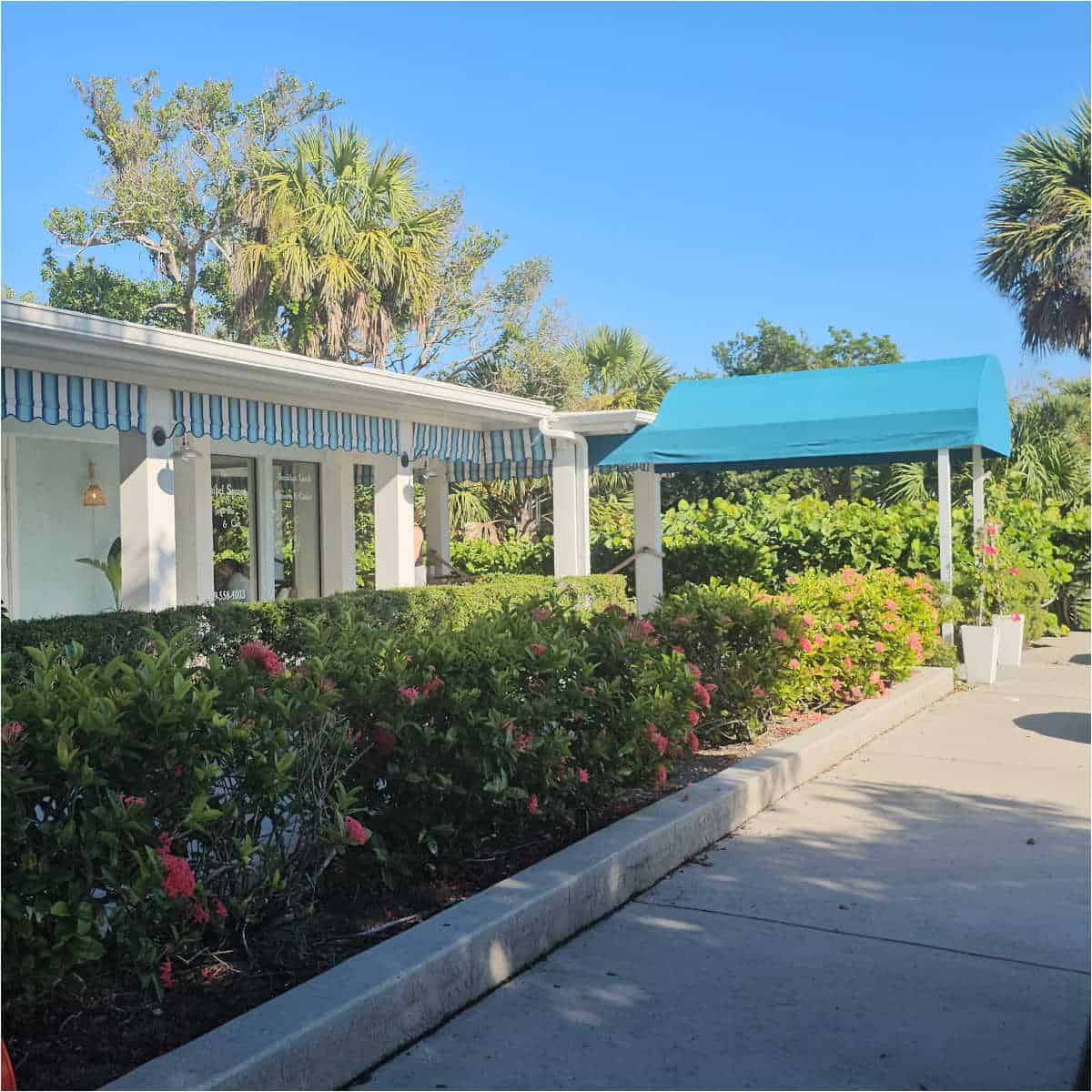 Sanibel Sprout building with plants in a row, blue awning and trees in the background