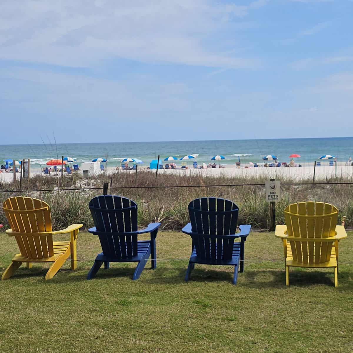Blue and Yellow Adirondack chairs on grass looking towards grassy area and sand with the Gulf waters in the background