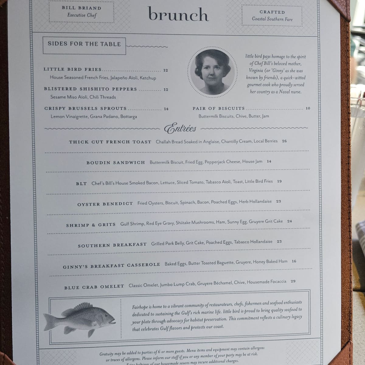 Little Bird brunch menu with sides for the table, entrees, and info