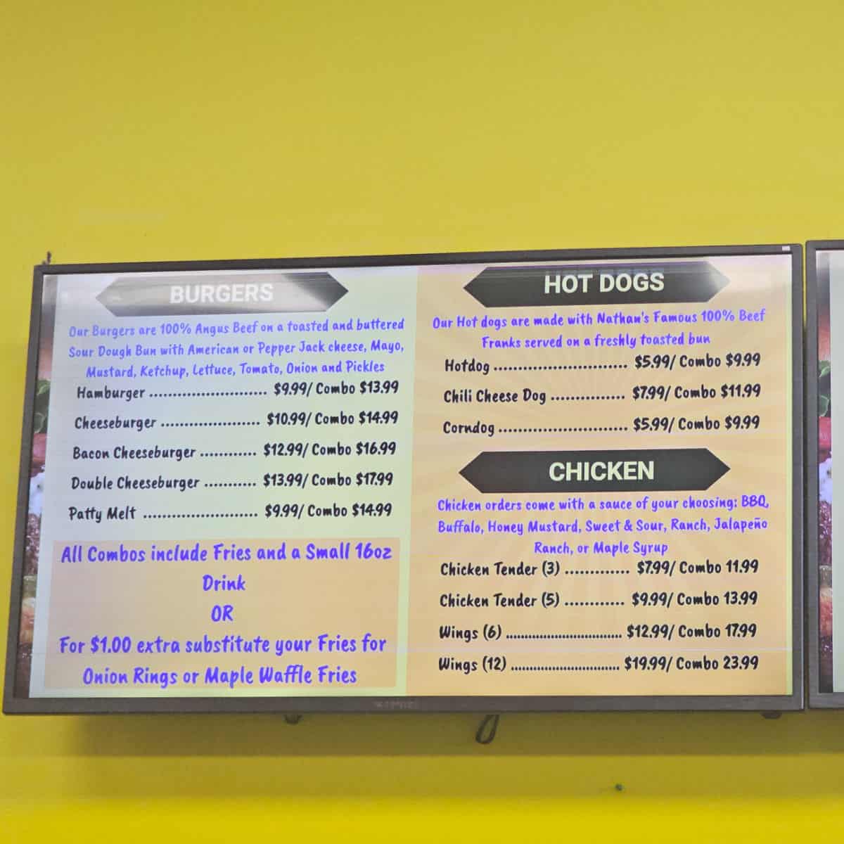burgers hot dogs and chicken menu at The Sugar Shack