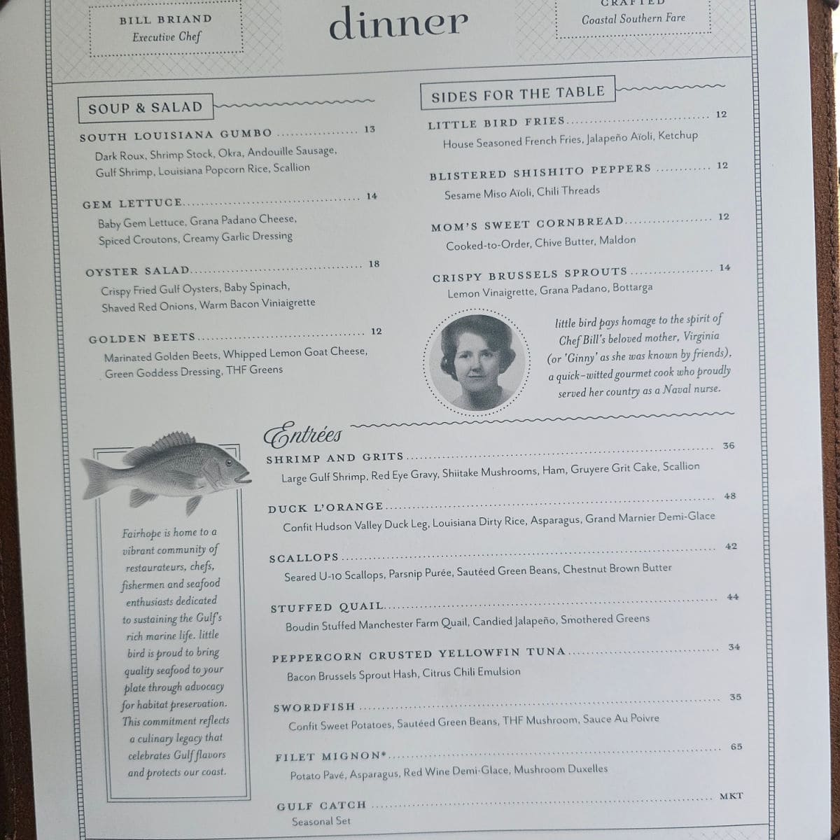 Little Bird Dinner Menu with soup and salad, sides for the table, entrees