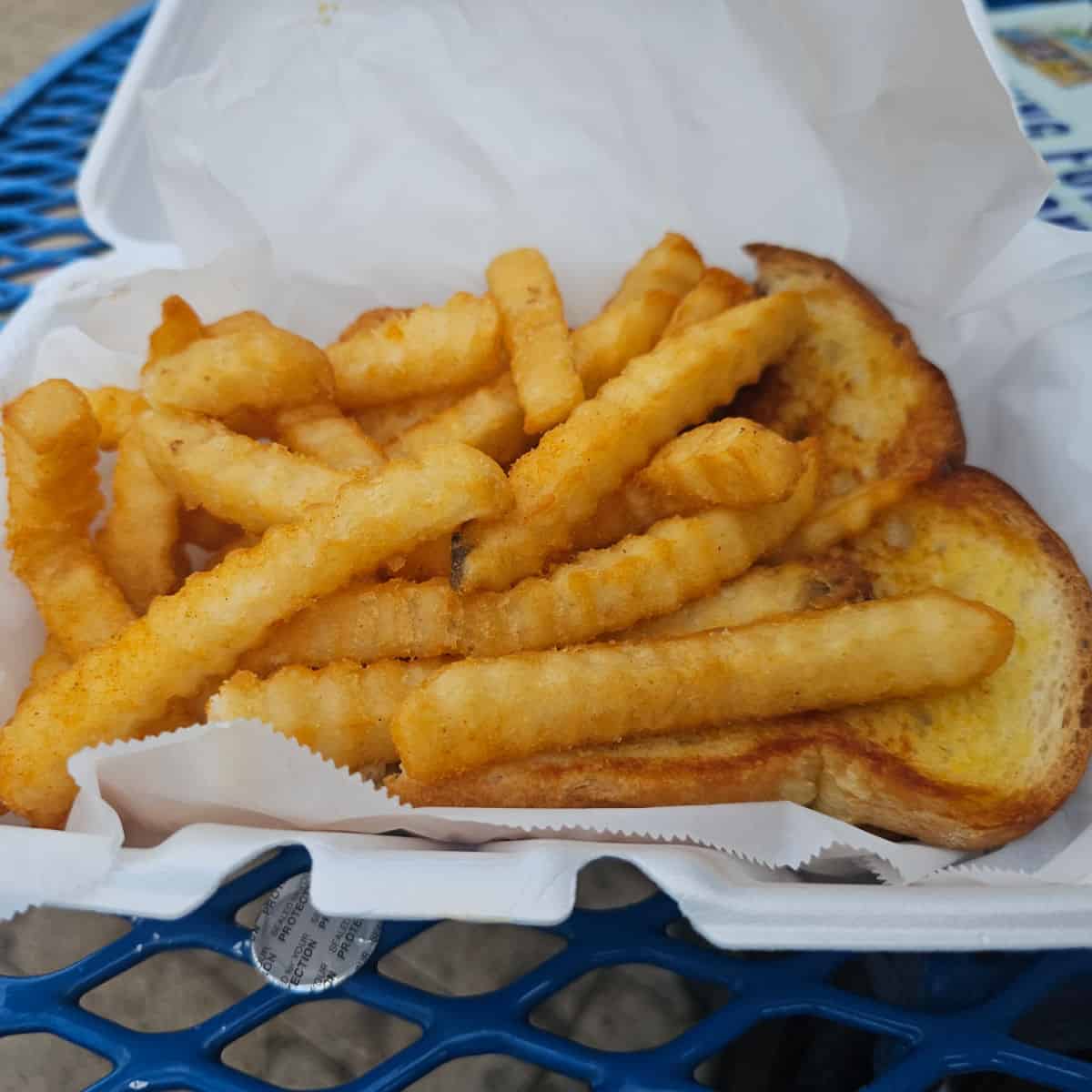 grilled cheese and a bunch of fries in a white paper lined basket