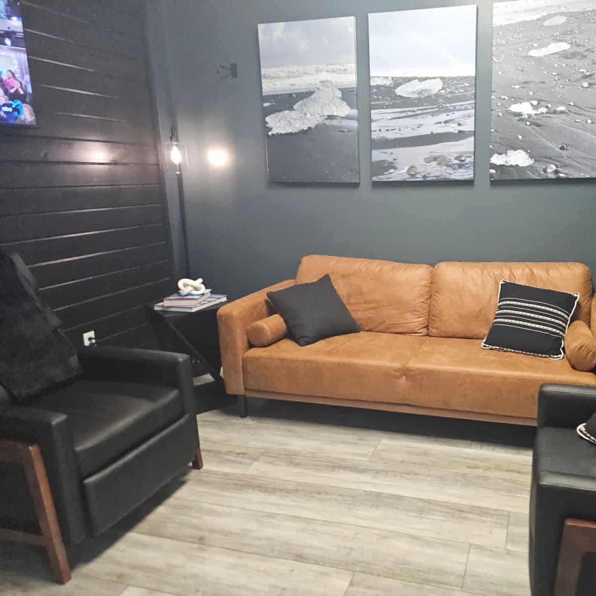 Lounge area with recliners and a leather couch