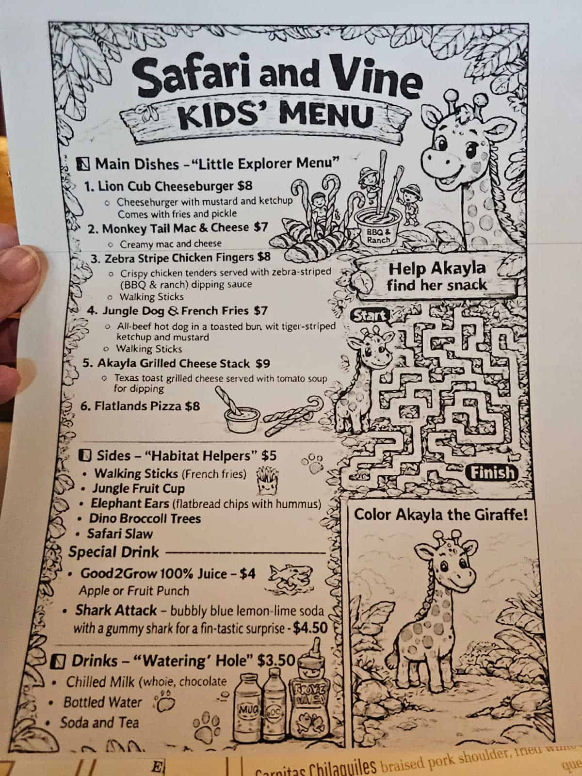 Safari & Vine Kid's meu with main dishes, sides, and drinks, with a maze and coloring area