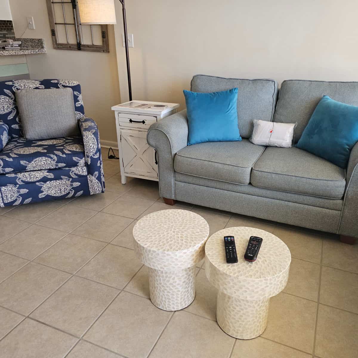 grey couch with blue pillows, white small tables, bluechairs with turtles on them.