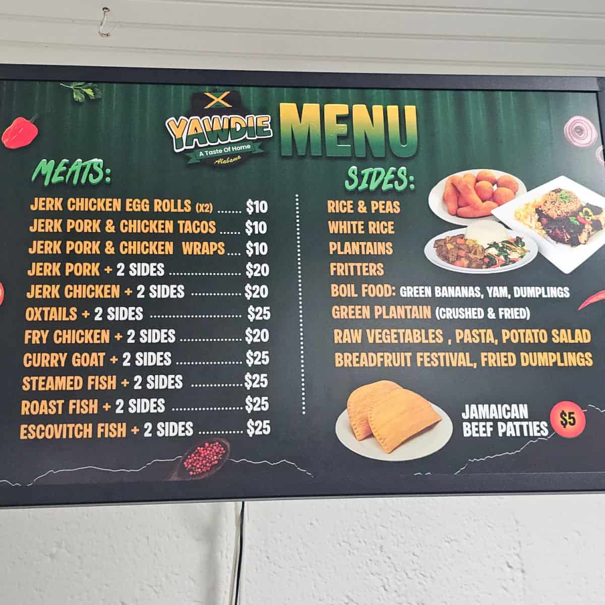 Yawdie Menu with meats and sides