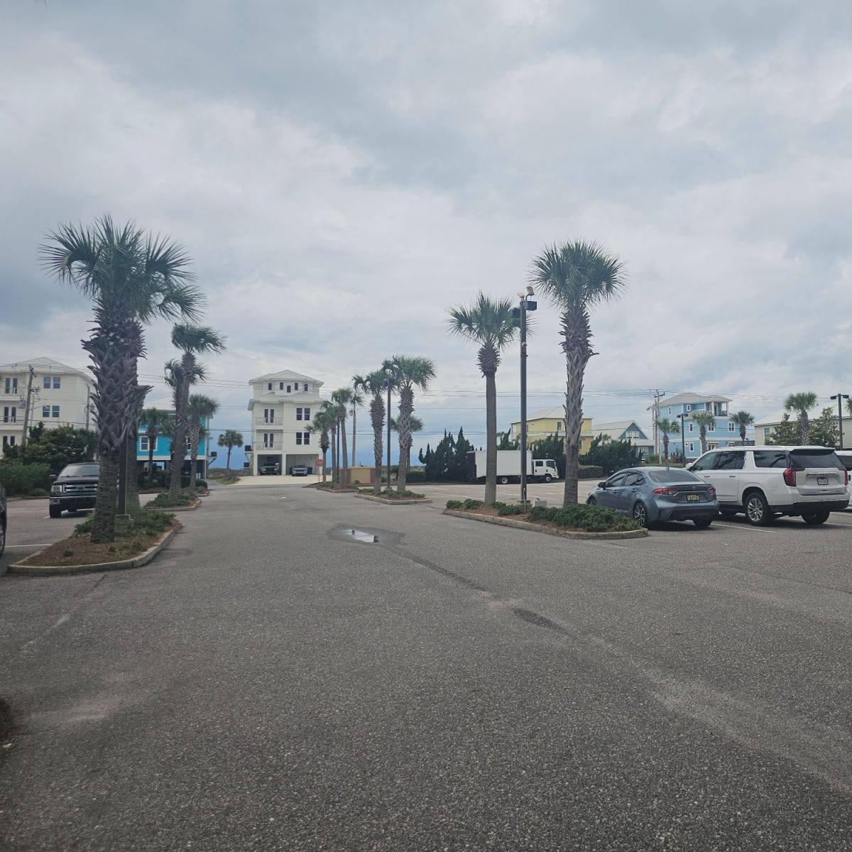 looking over a parking area with cars, palm trees along the driveway, beach houses in the background