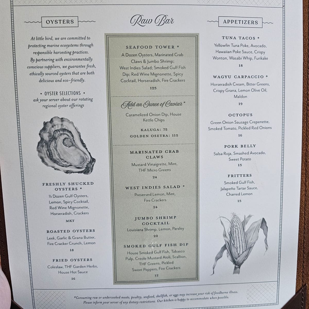 Little Bird raw menu with oysters, appetizers, seafood tower