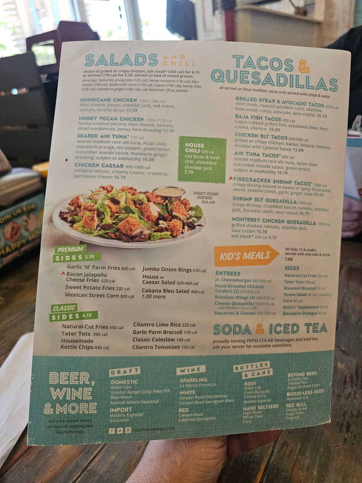 Salads, Tacos & quesadillas and soda and ice menu