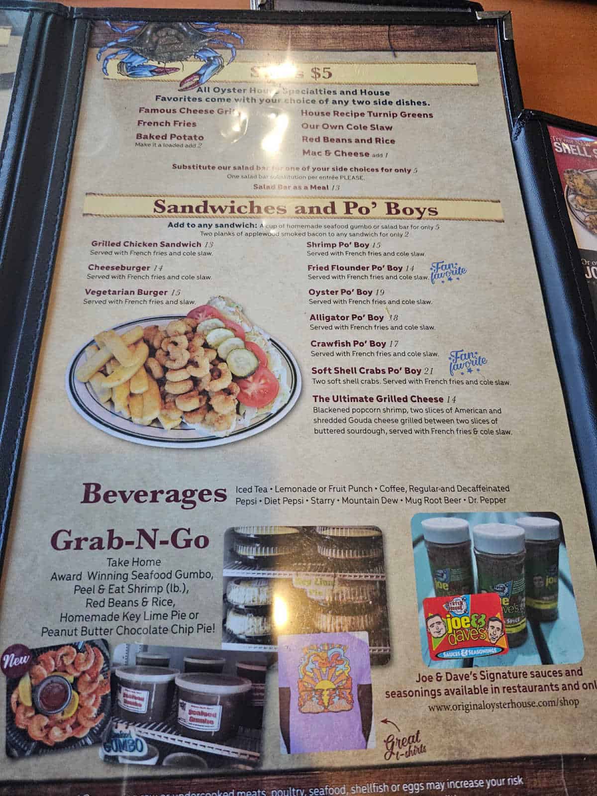 Sides, sandwiches and po'boys and drinks menu at original oyster house