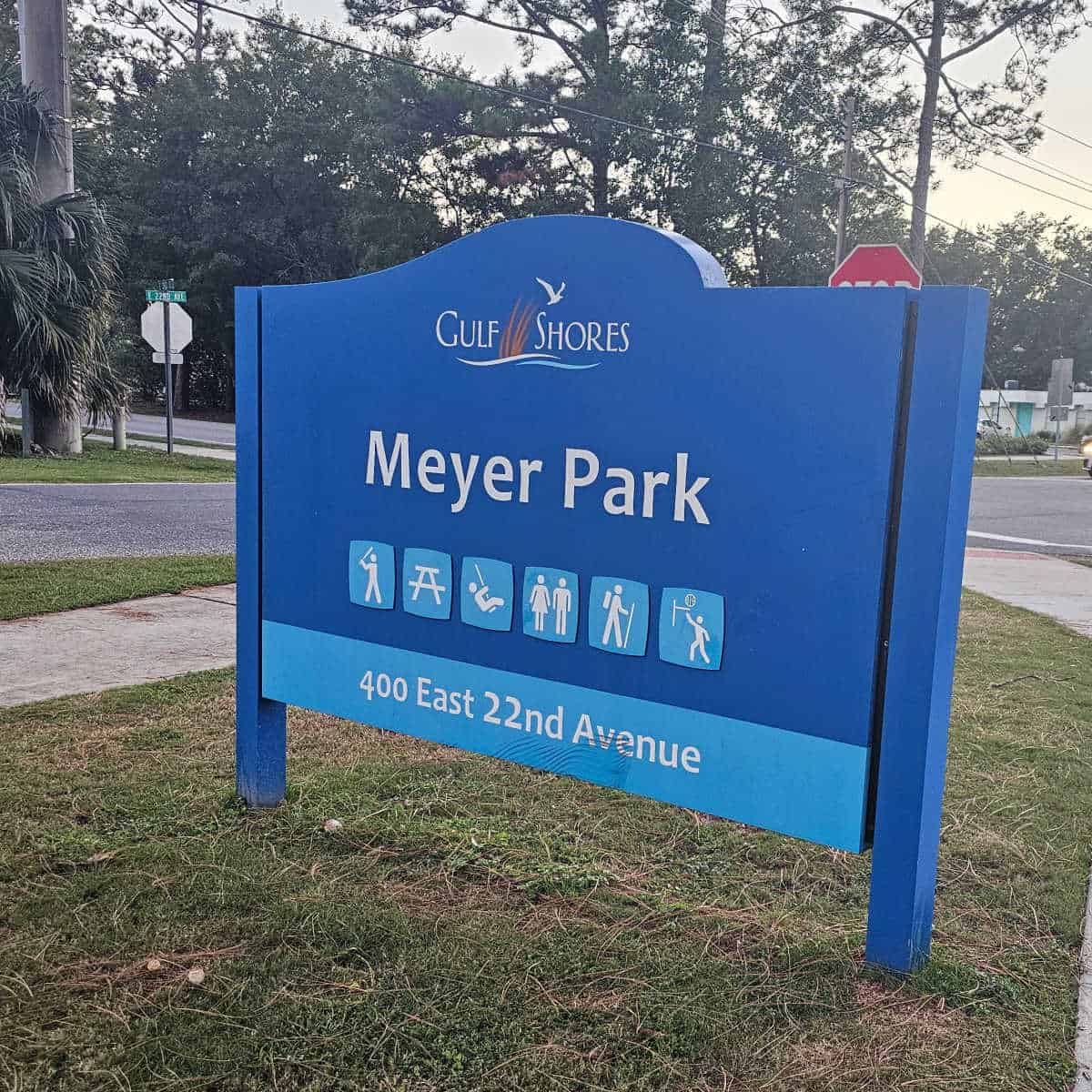 Meyer Park sign with gulf shores and address