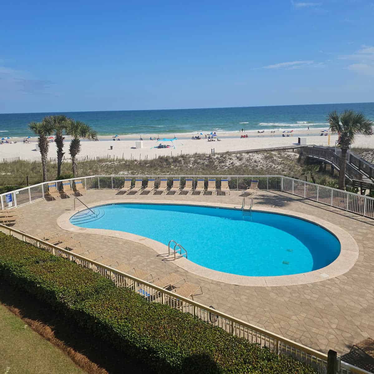 outdoor pool surrounded by a fence with palm trees the beach and Gulf waters