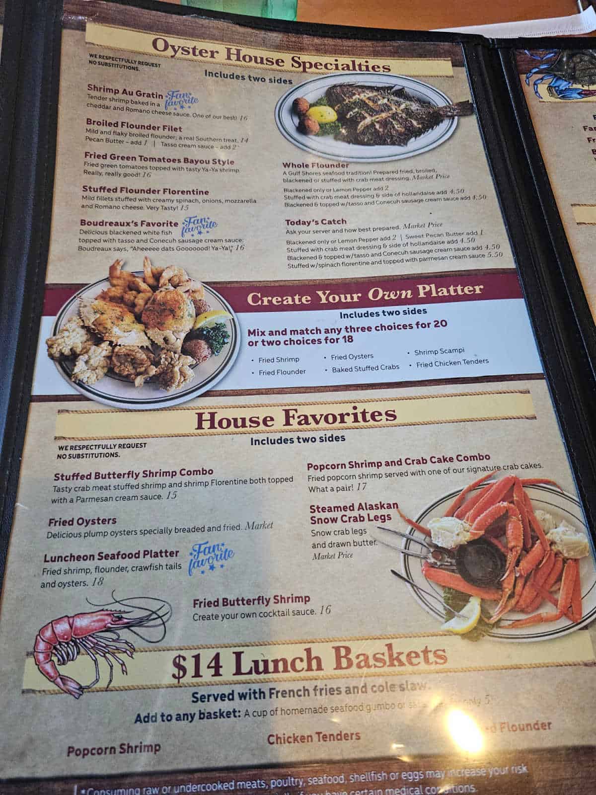 Oyster house specialties, create your own platter, house favorites and lunch baskets menu at The Original Oyster House