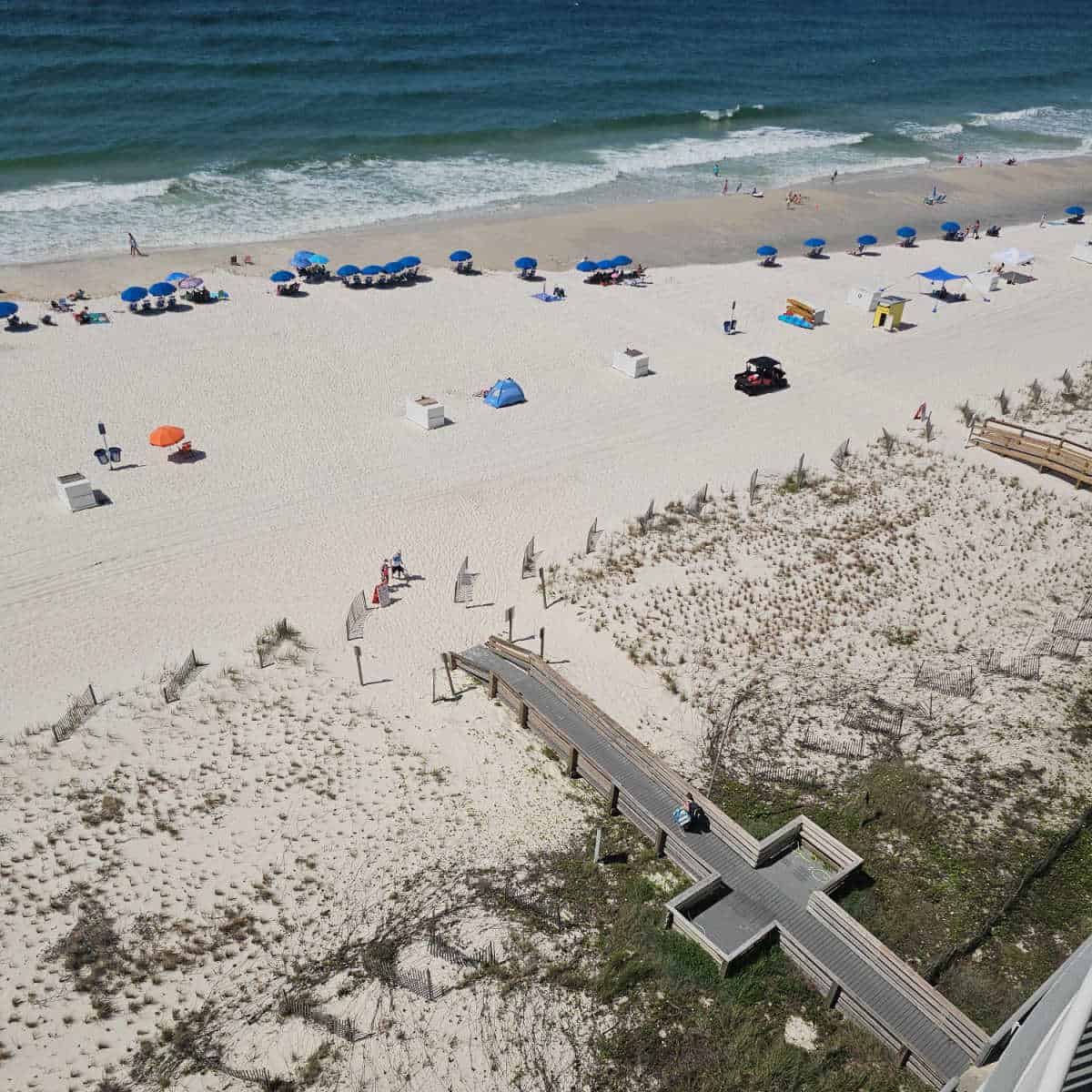 looking down over the beach with boardwalk to the beach