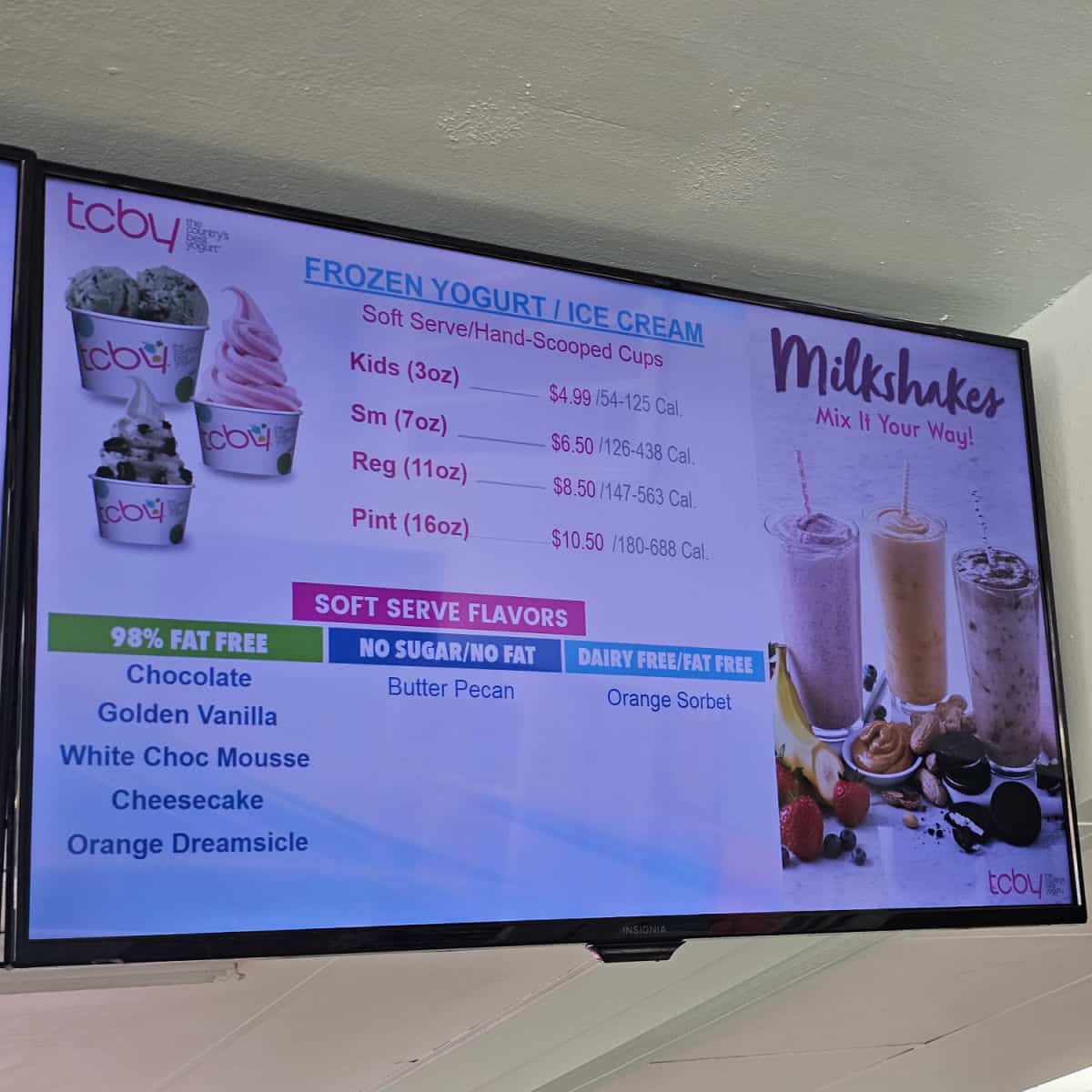 frozen yogurt and ice cream menu at TCBY