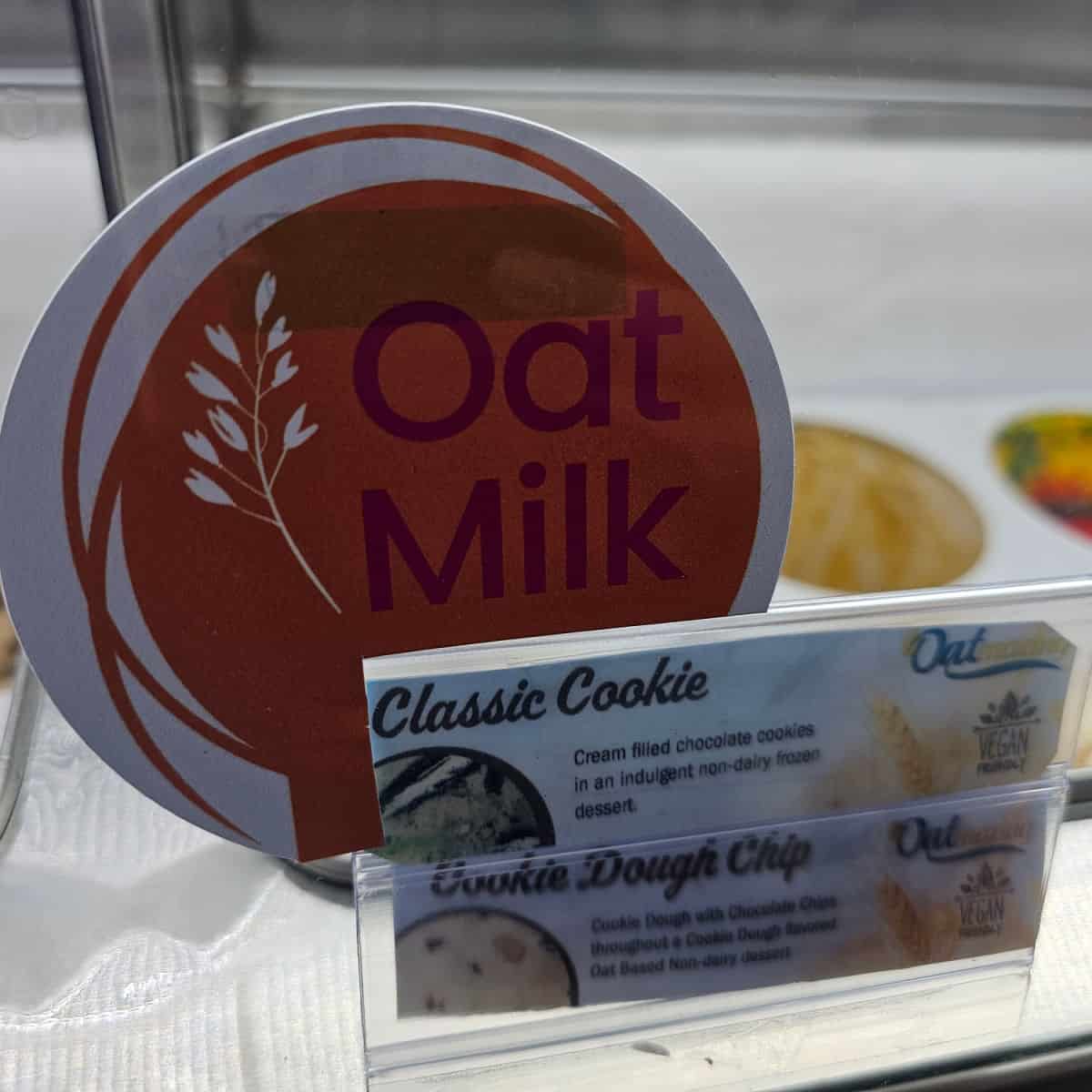 oat milk sign next to classic cookie and cookie dough chip labels