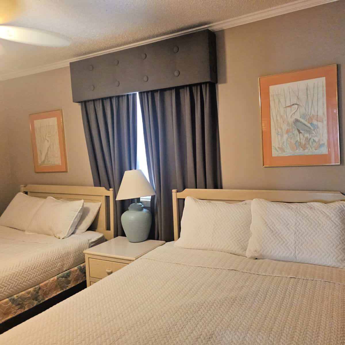 Bedroom with two beds, nightstand between the bed. Framed prints of birds on the wall above the beds, grey curtains over the window in the middle of the beds