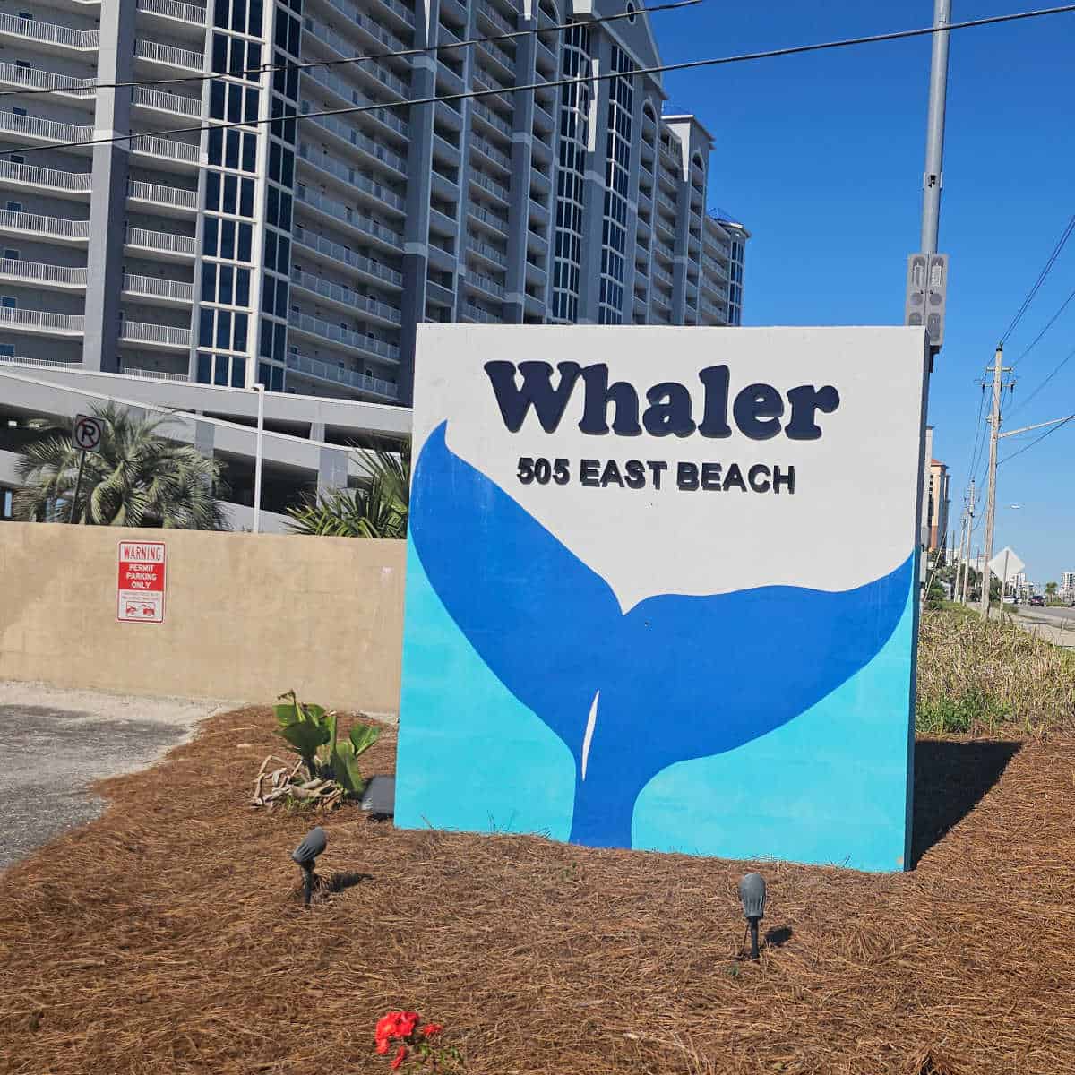 Whaler sign with a blue whales tail and 505 East Beach