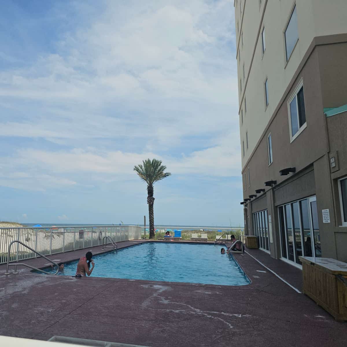 outdoor pool with a couple people in the water, palm tree near the fence, Gulf water in the background on a blue sky day