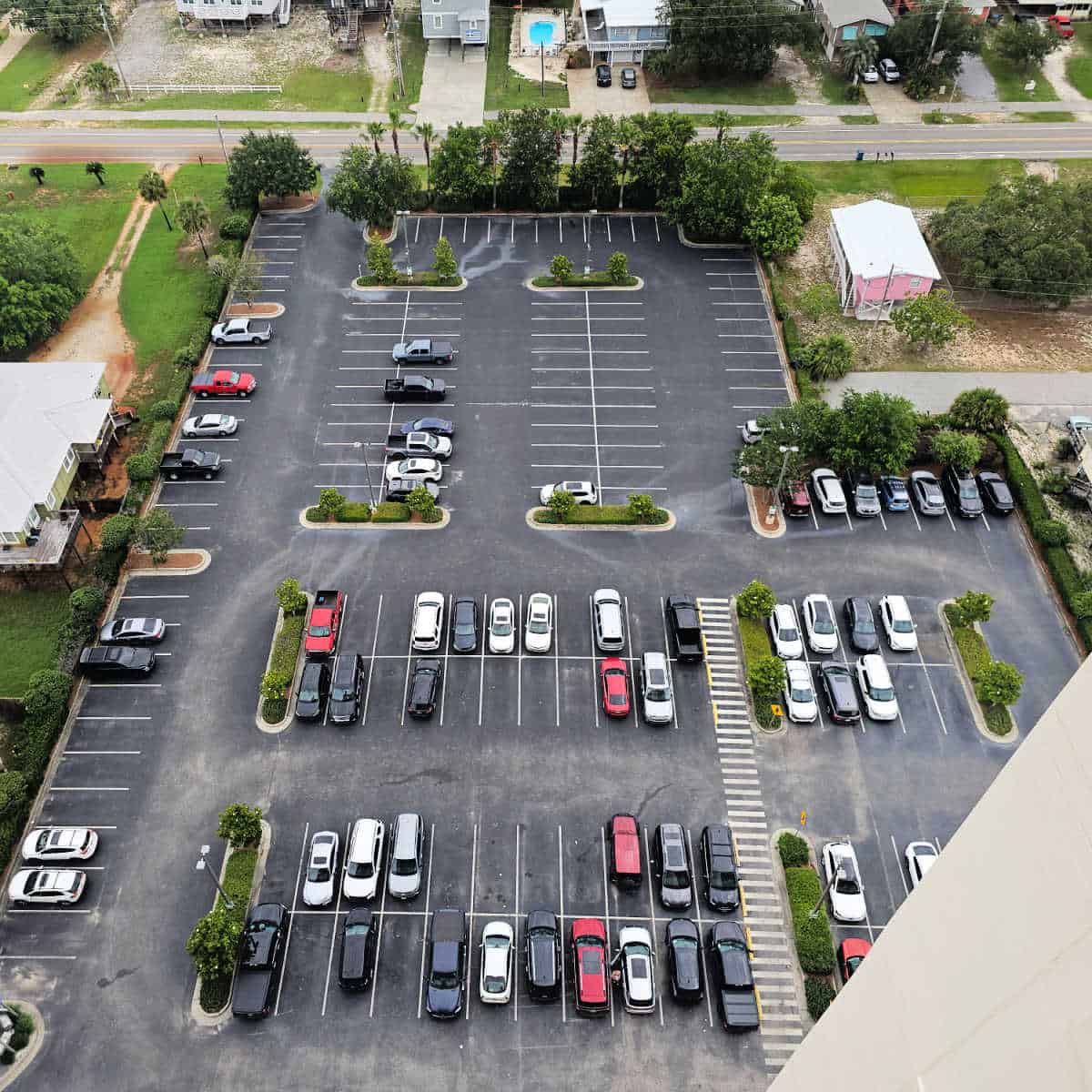 looking down over an outdoor parking lot