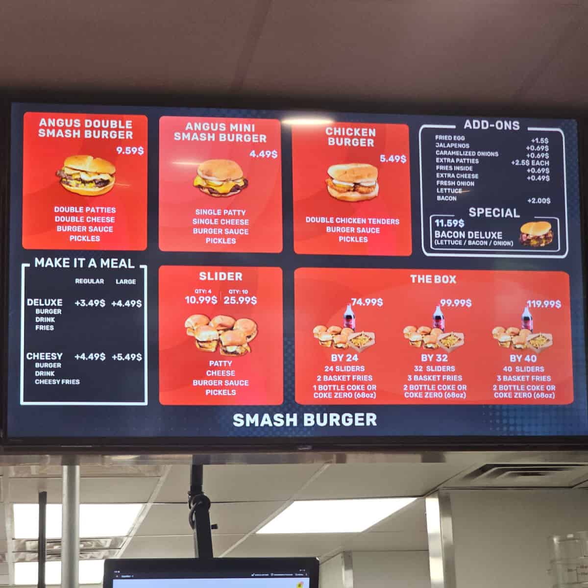 Fries inside menu with angus smash burgers, add ons, the box and sliders