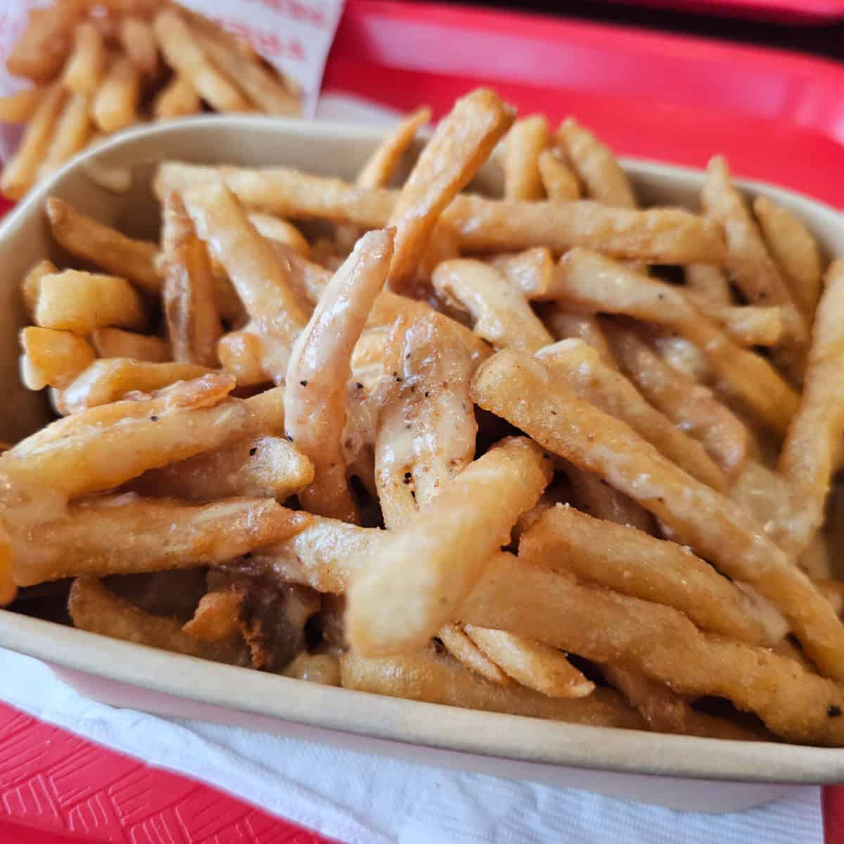 cheesy fries in a container on a red plate