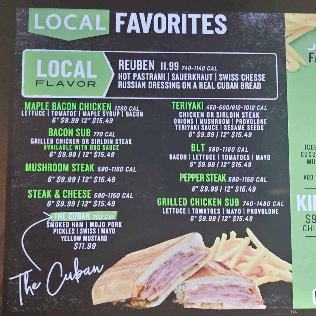 Jon Smith Subs Local Favorites menu with sandwiches