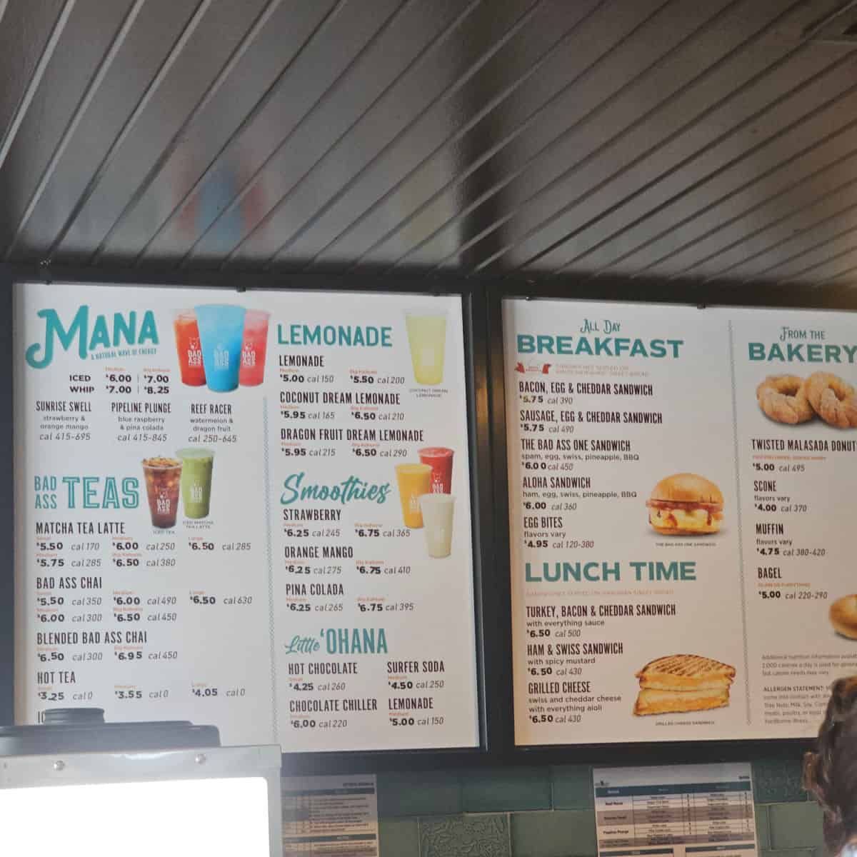 Bad Ass Coffee Menu with Mana, Bad ass teas, lemonades, smoothies, Latte ohana, All day breakfast, lunch time and from the bakery