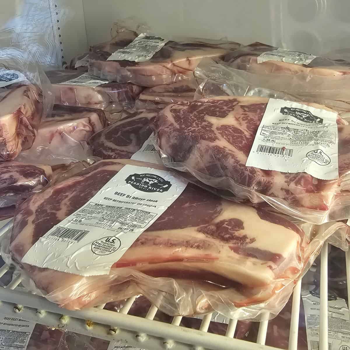 Perdido River steaks in a freezer stacked together