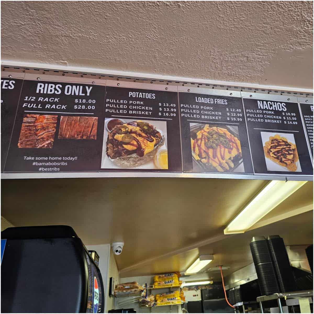 Barbecue menu with ribs, pulled pork, chicken, brisket, loaded fries, and nachos.
