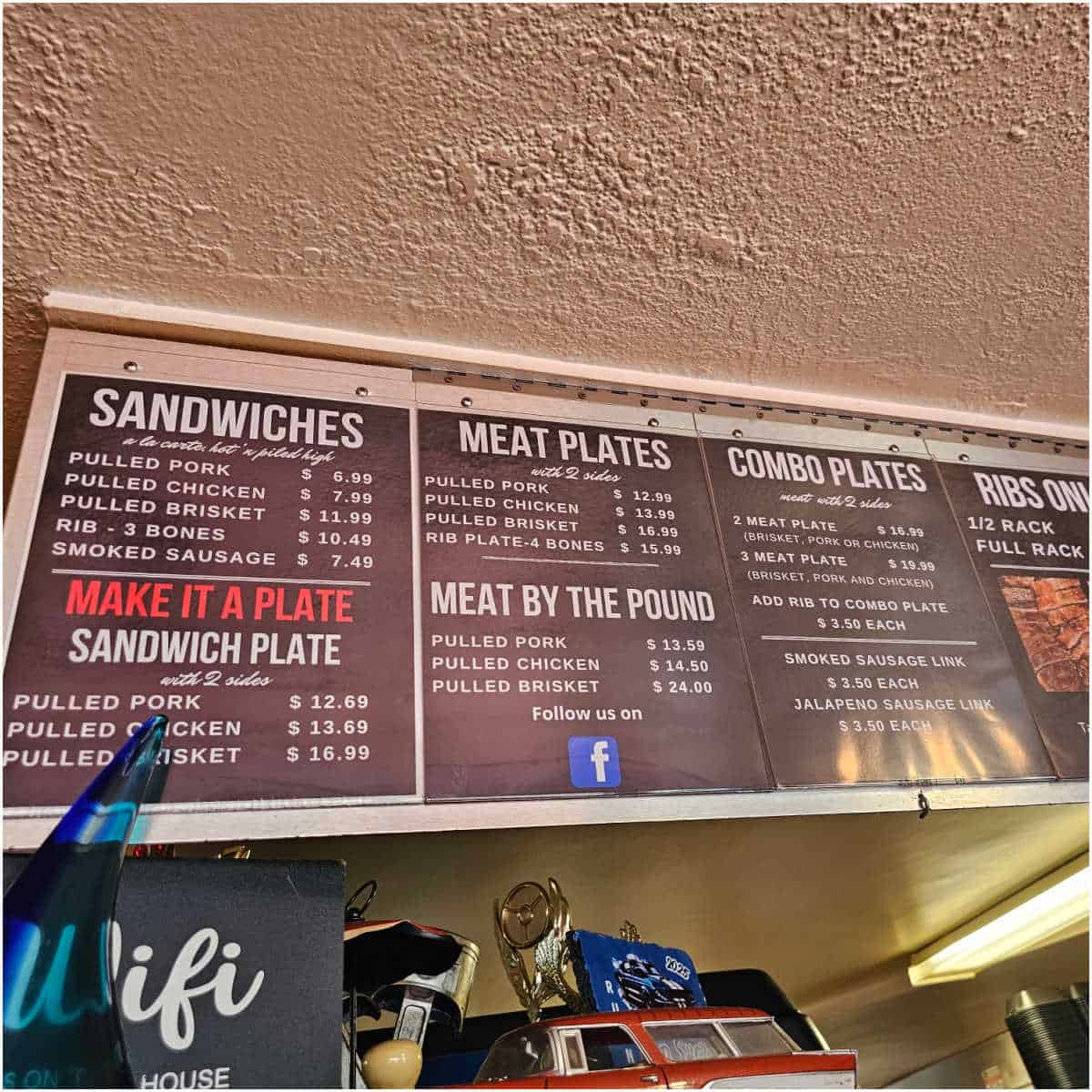 Bama Bobs BBQ menu with sandwiches, meat plates, meat by the pound, combo plates, ribs only
