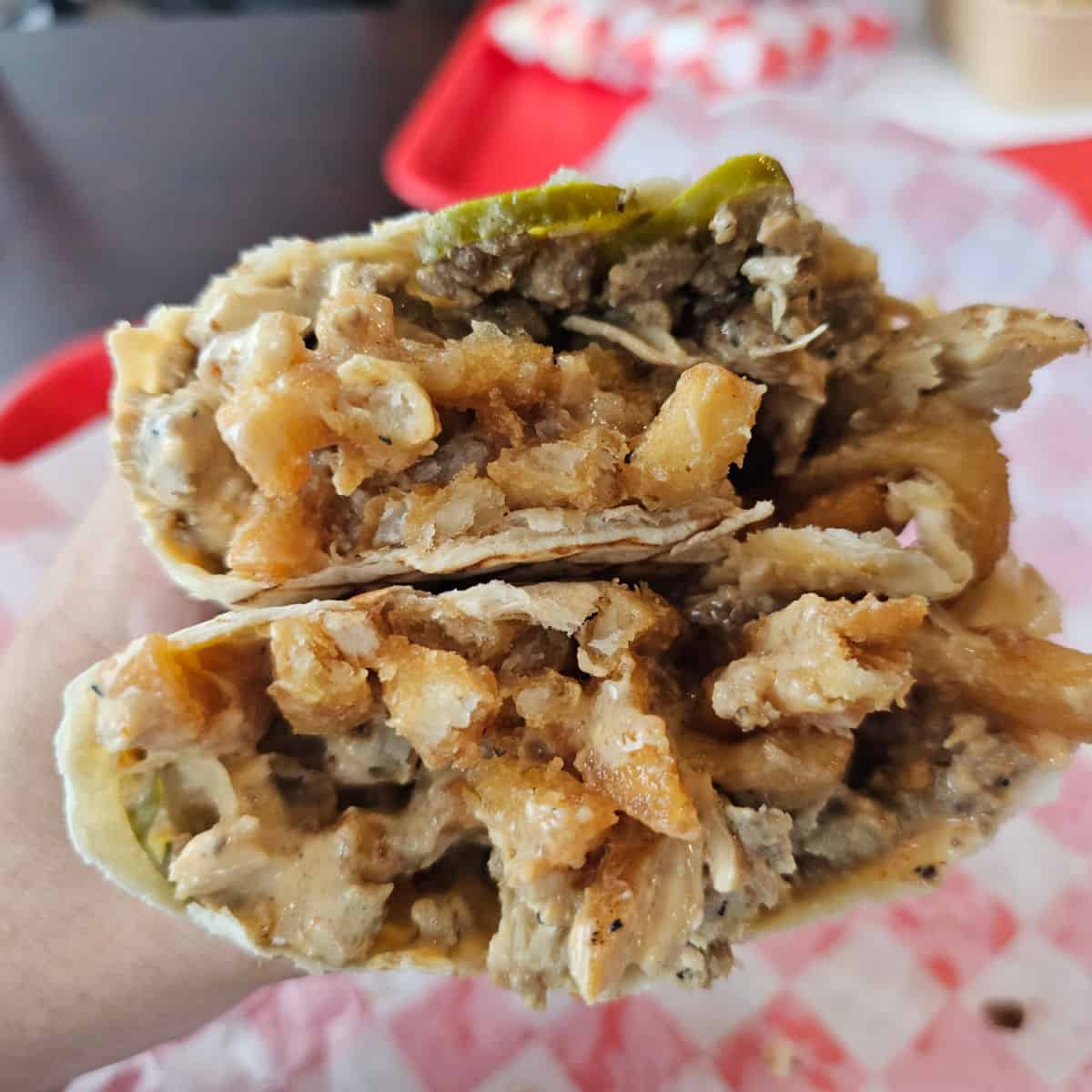 fries inside a burrito with steak and peppers