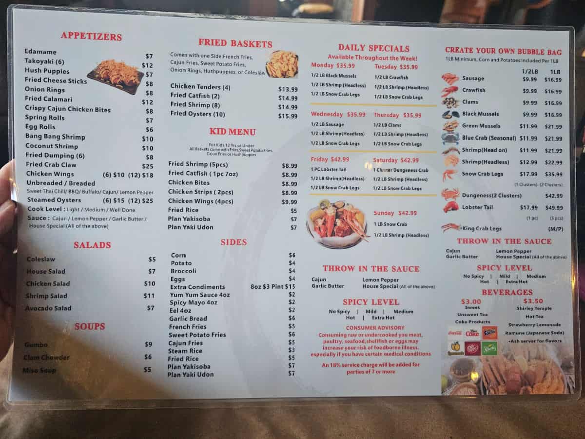 Miso Seafood menu with appetizers, fried baskets, kids menu, sides, daily specials, and create your own seafood boil bags